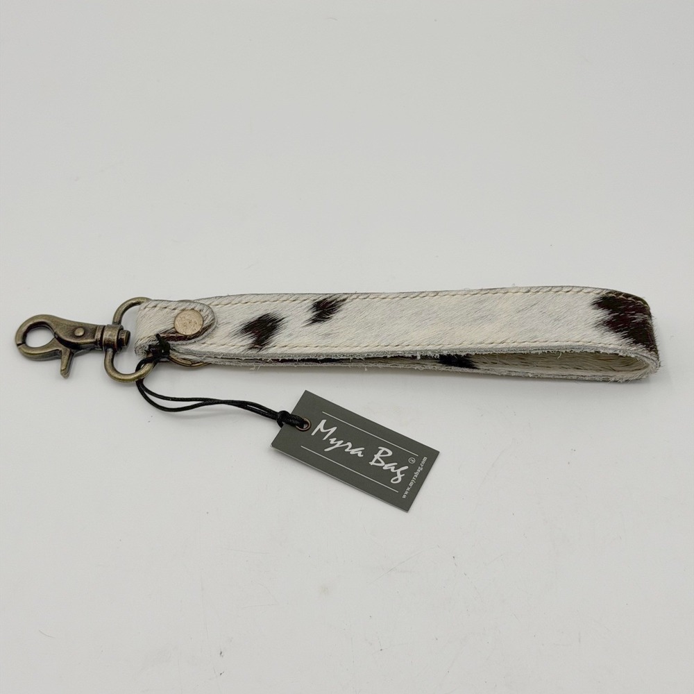 Myra Bag Cowhide Wristlet Keychain Strap White Black Spotted Hair-on-Hide NEW